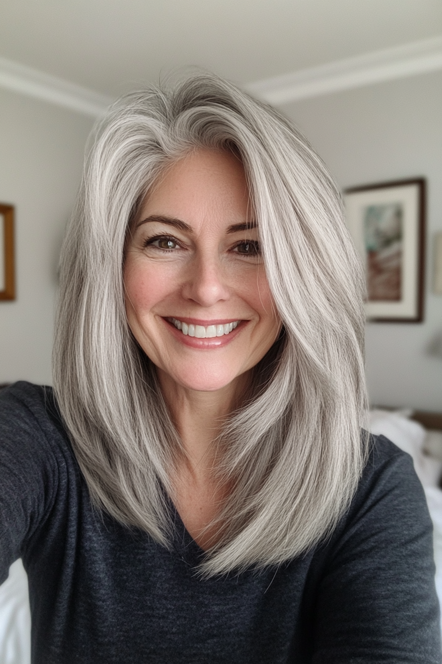 18. Silver Ash Layered Shag (Straight Hairstyles For Older Women) - Straight Hairstyles For Older Women