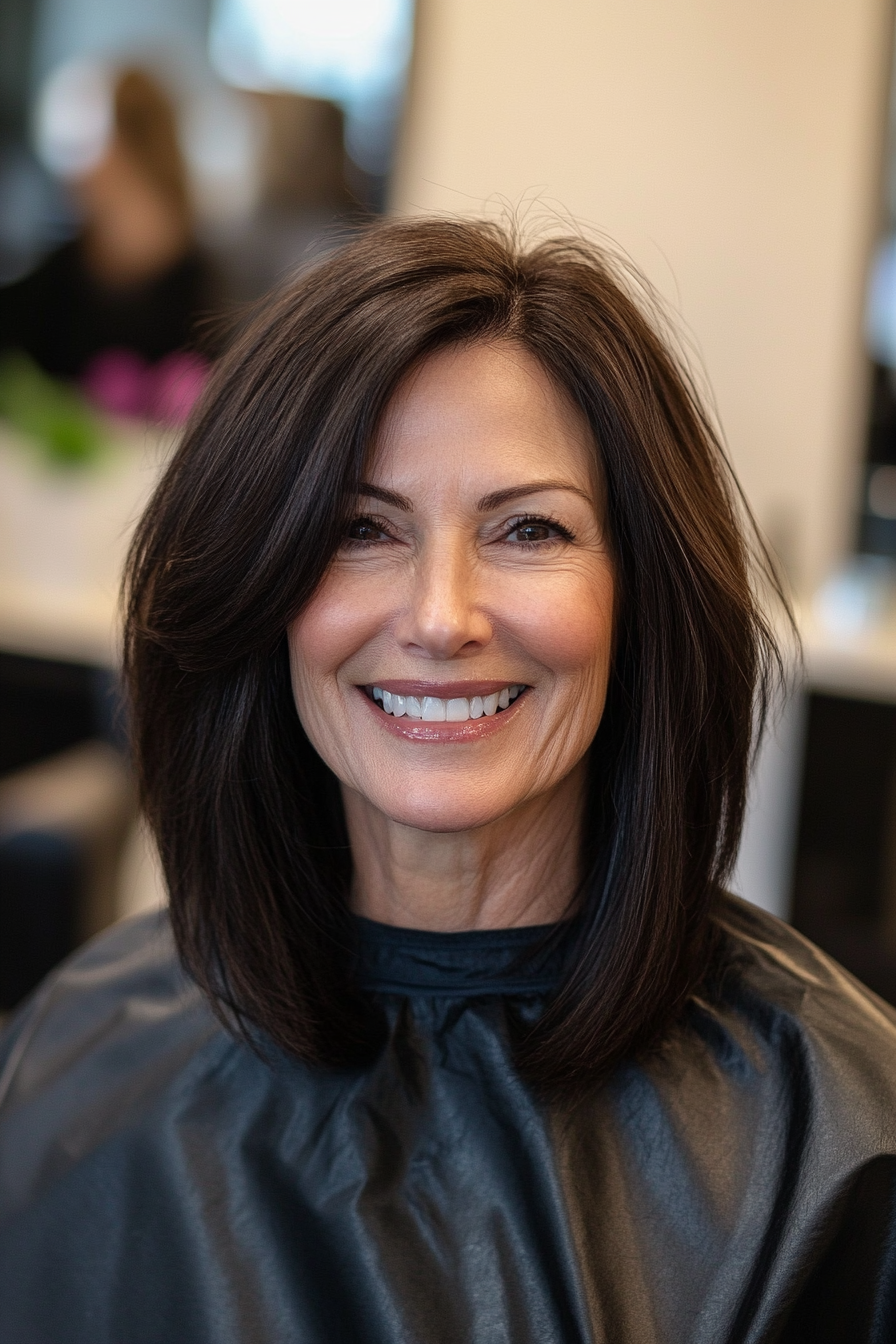 20. Dark Brown Sleek Lob with Tucked Ends (Straight Hairstyles For Older Women) - Straight Hairstyles For Older Women