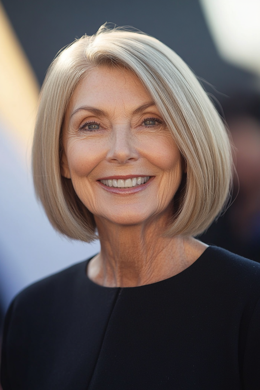 21. Warm Beige Straight Bob with Side Layers (Straight Hairstyles For Older Women) - Straight Hairstyles For Older Women