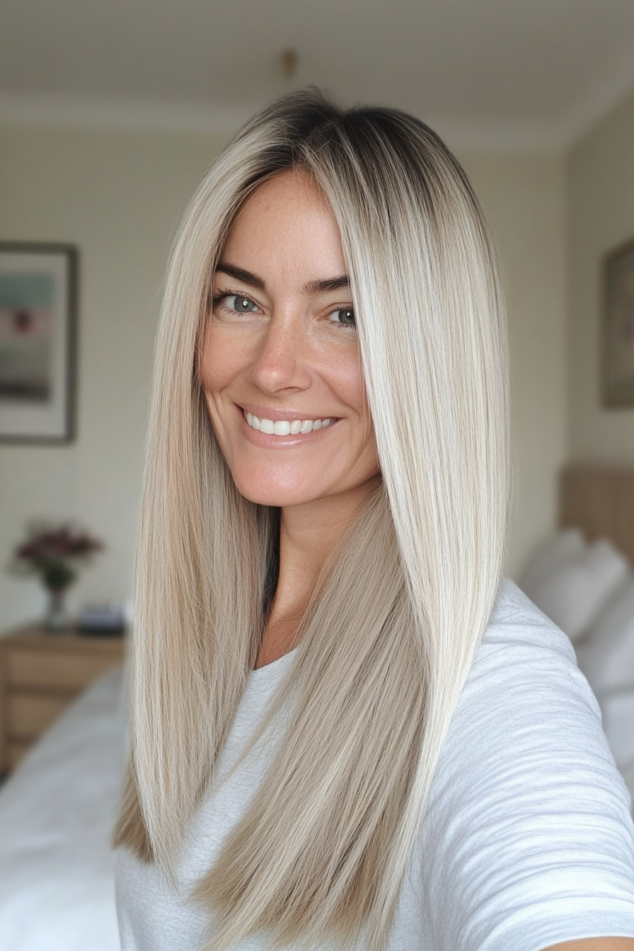 22. Ash Blonde Long Straight Cut with Blunt Ends (Straight Hairstyles For Older Women) - Straight Hairstyles For Older Women