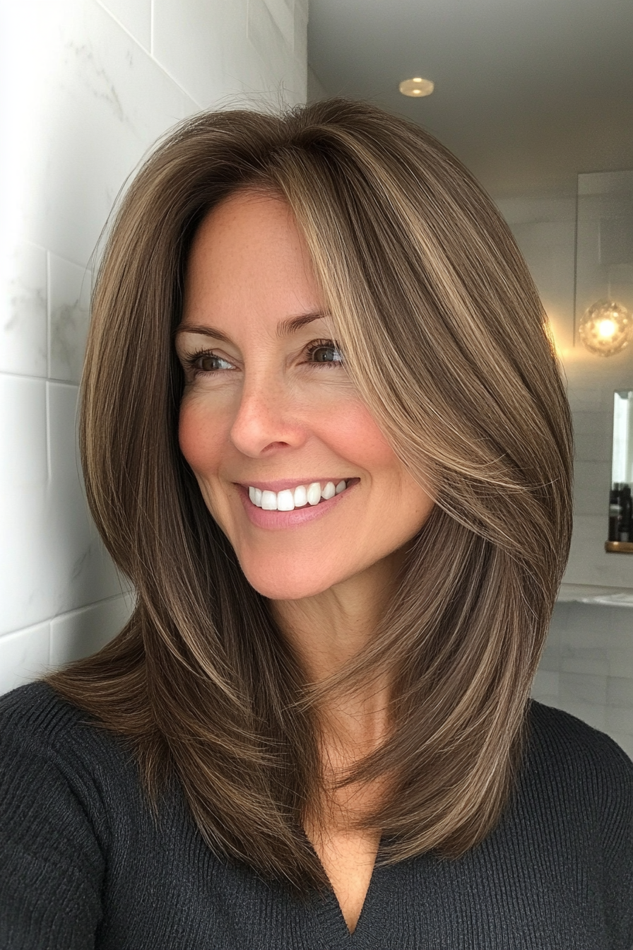 24. Medium-Length Straight Brunette with Inner Layers (Straight Hairstyles For Older Women) - Straight Hairstyles For Older Women