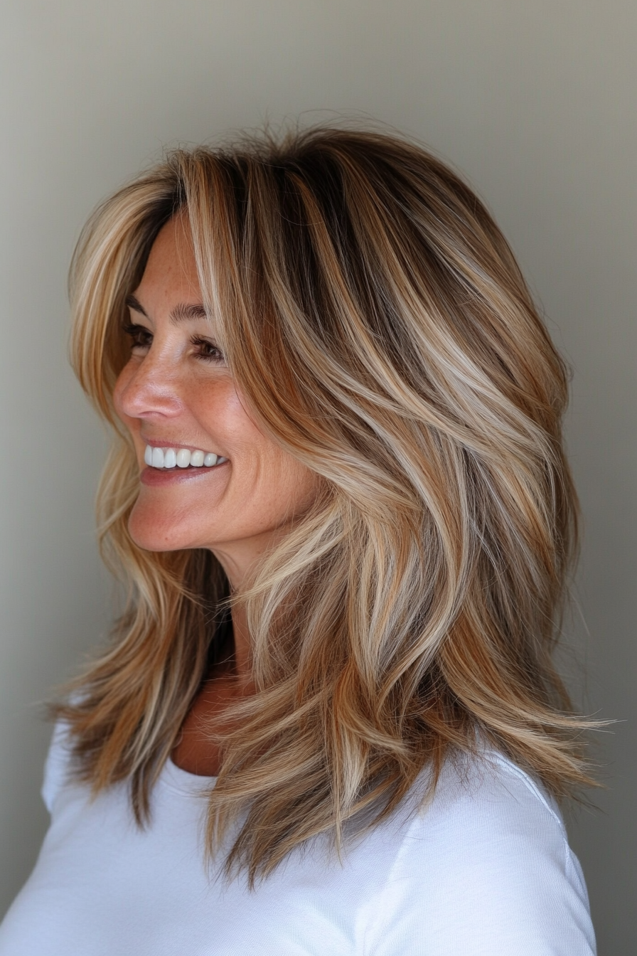 8. Layered Shag with Highlights (Summer Hair Trends For Women Over 40) - Summer Hair Trends For Women Over 40