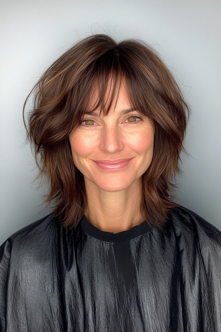 18. Mid-Length Shag with Blunt Bangs (Summer Hair Trends For Women Over 40) - Summer Hair Trends For Women Over 40