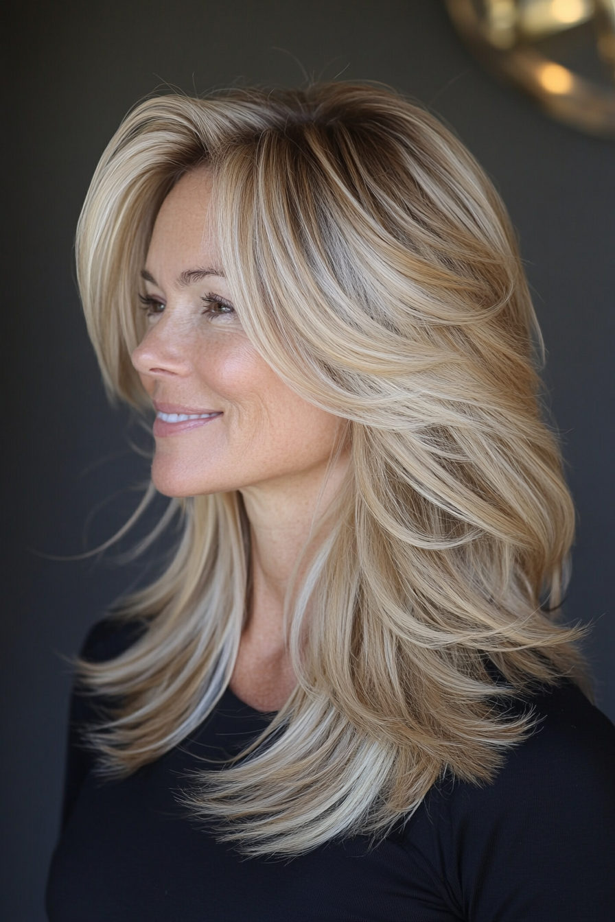 22. Medium-Length with Feathered Layers (Summer Hair Trends For Women Over 40) - Summer Hair Trends For Women Over 40