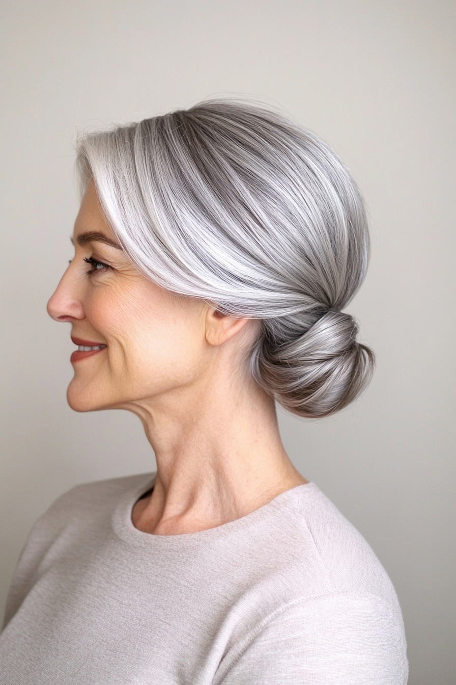 2. Low Chignon with Silver Highlights (Updo Hairstyles For Women Over 50) - Updo Hairstyles For Women Over 50