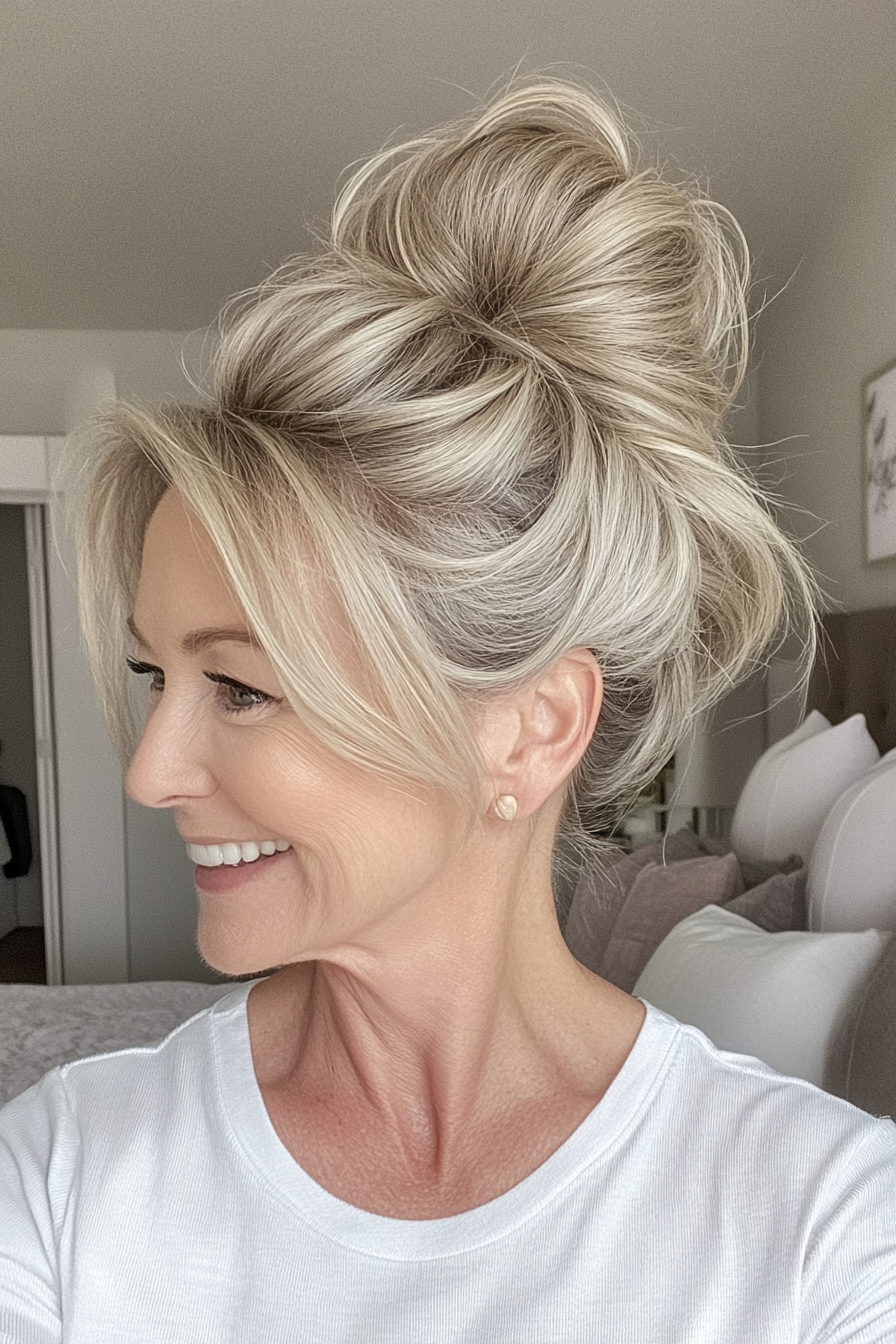 3. Textured Bun in Ash Blonde (Updo Hairstyles For Women Over 50) - Updo Hairstyles For Women Over 50