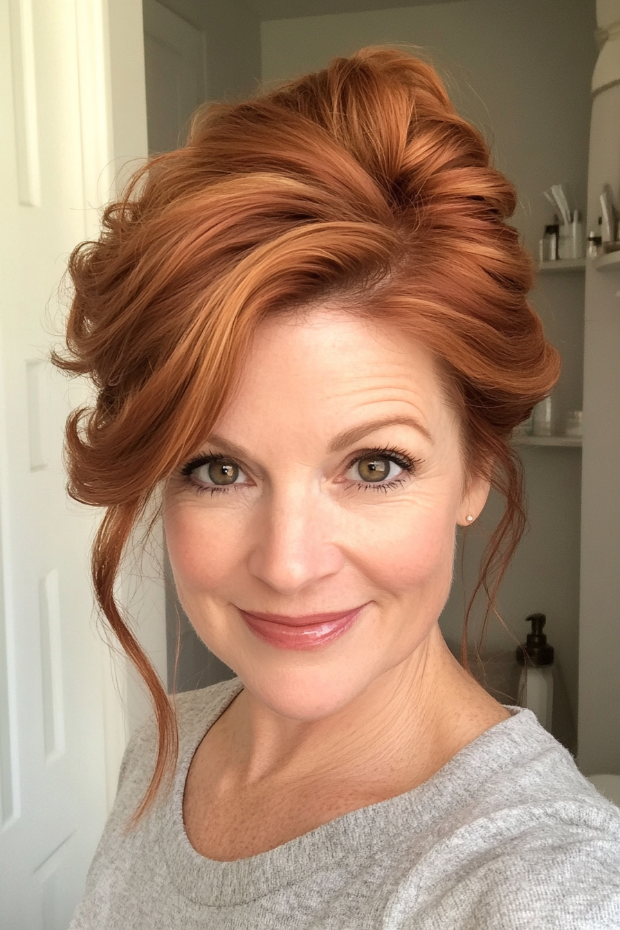6. Layered Crown Twist in Warm Auburn (Updo Hairstyles For Women Over 50) - Updo Hairstyles For Women Over 50