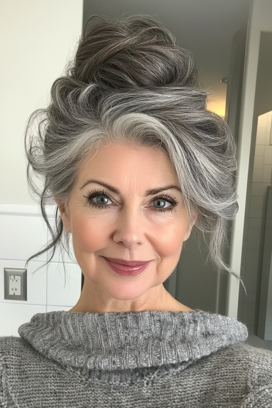 9. Romantic Updo with Salt-and-Pepper Tones (Updo Hairstyles For Women Over 50) - Updo Hairstyles For Women Over 50