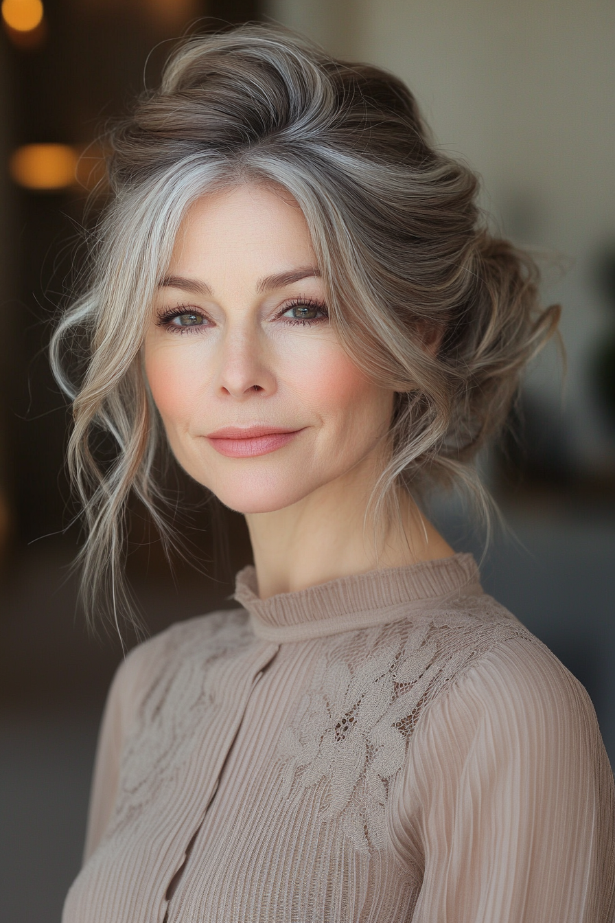 11. Layered Side Bun in Light Brown (Updo Hairstyles For Women Over 50) - Updo Hairstyles For Women Over 50