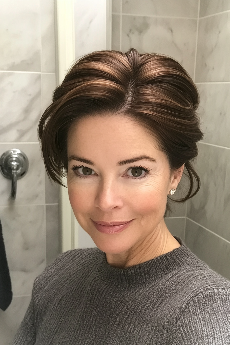 13. Classic Gibson Tuck in Dark Chestnut (Updo Hairstyles For Women Over 50) - Updo Hairstyles For Women Over 50