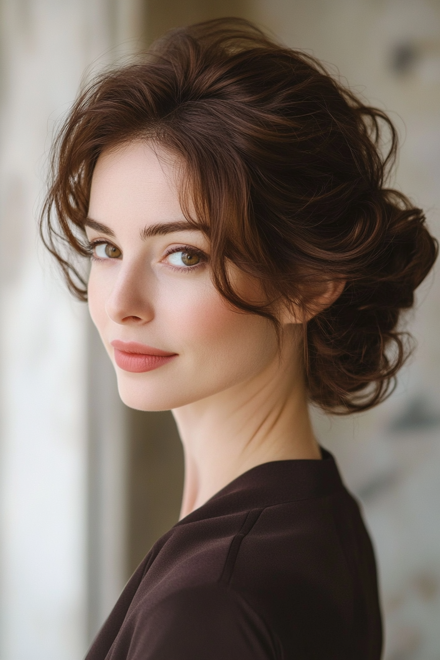 15. Curled Crown Updo in Rich Mahogany (Updo Hairstyles For Women Over 50) - Updo Hairstyles For Women Over 50