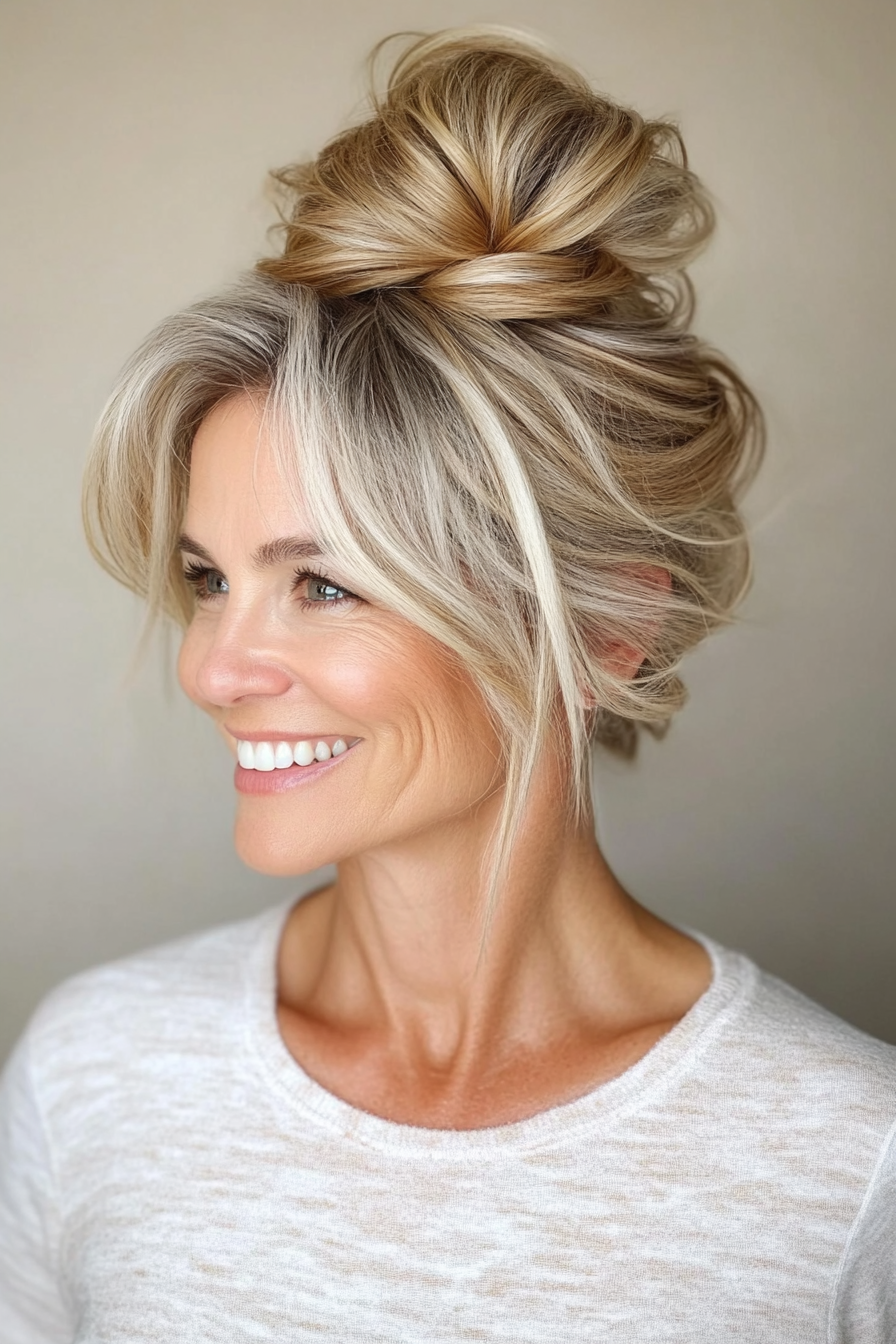 16. Volumized Bun in Honey Blonde (Updo Hairstyles For Women Over 50) - Updo Hairstyles For Women Over 50