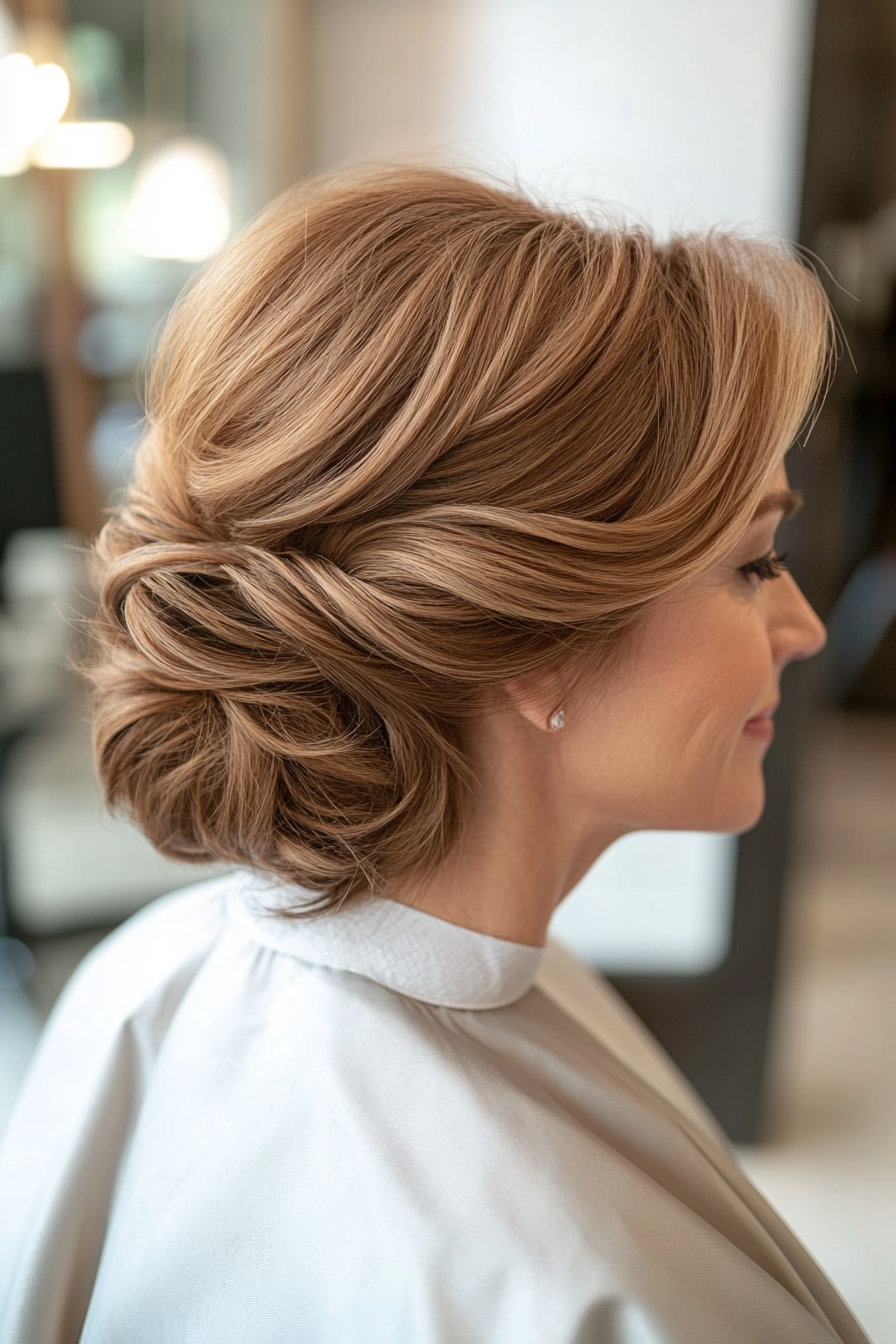 17. Twisted Side Updo in Classic Brown (Updo Hairstyles For Women Over 50) - Updo Hairstyles For Women Over 50