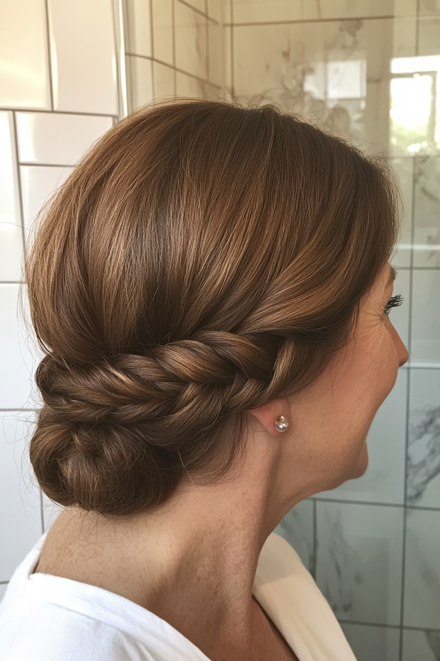 18. Tucked Braided Updo in Warm Brunette (Updo Hairstyles For Women Over 50) - Updo Hairstyles For Women Over 50