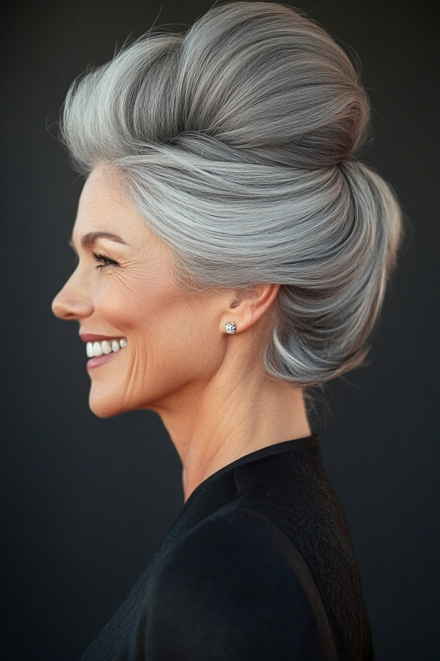19. Elegant Pompadour Bun in Gray Blend (Updo Hairstyles For Women Over 50) - Updo Hairstyles For Women Over 50