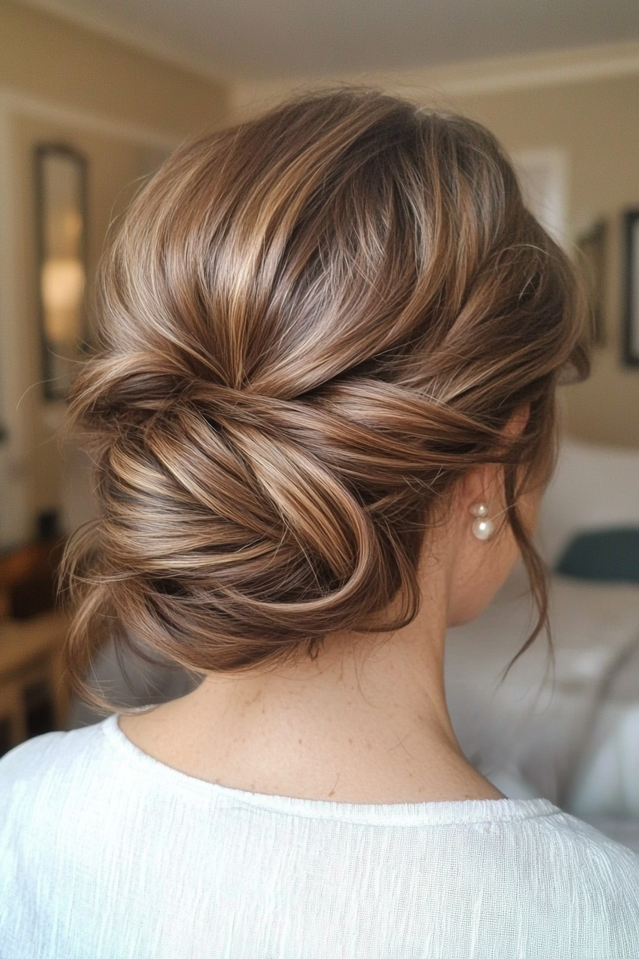 22. Layered Knot Updo in Neutral Brown (Updo Hairstyles For Women Over 50) - Updo Hairstyles For Women Over 50
