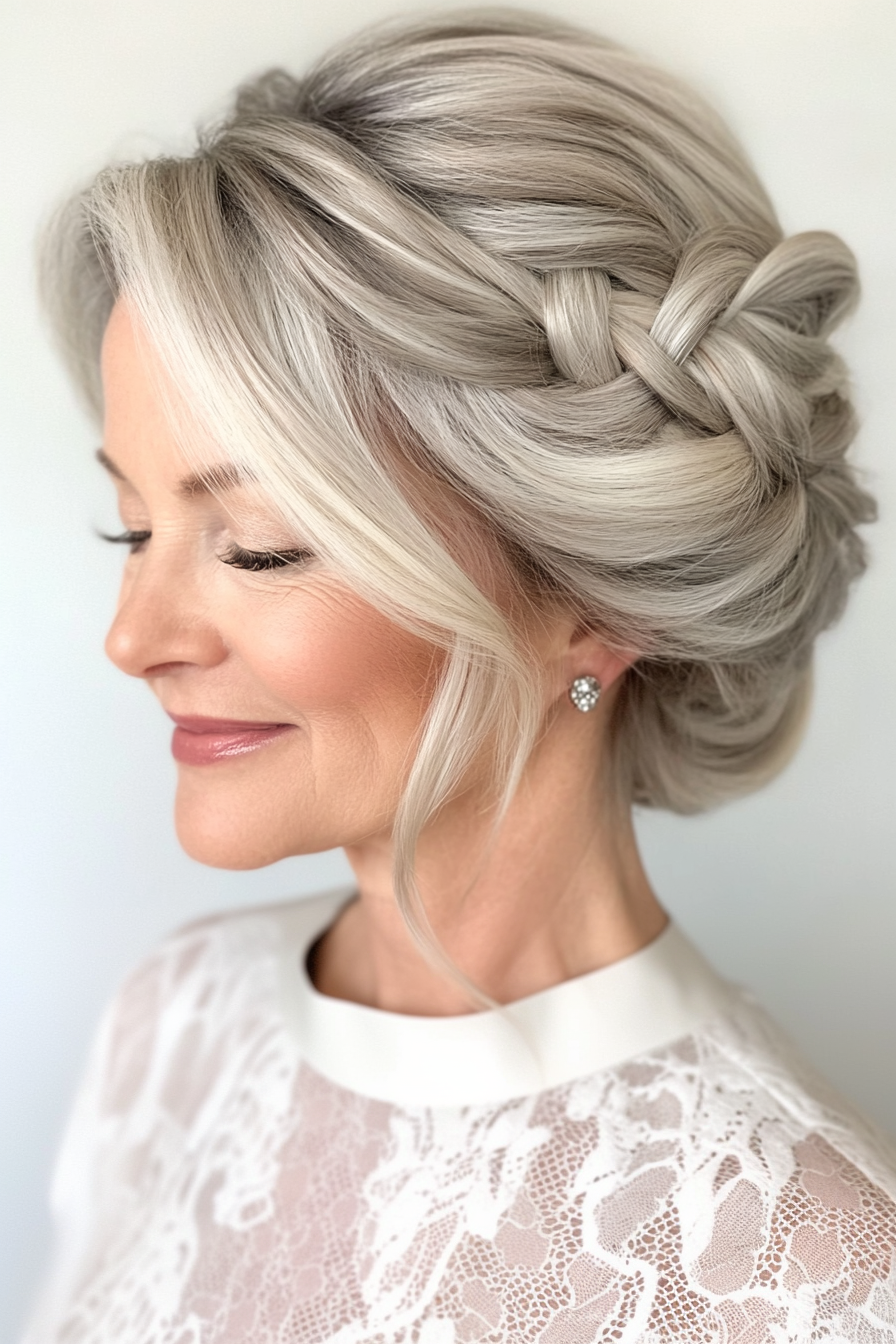 23. Swept Up Braided Crown in Light Ash Brown (Updo Hairstyles For Women Over 50) - Updo Hairstyles For Women Over 50