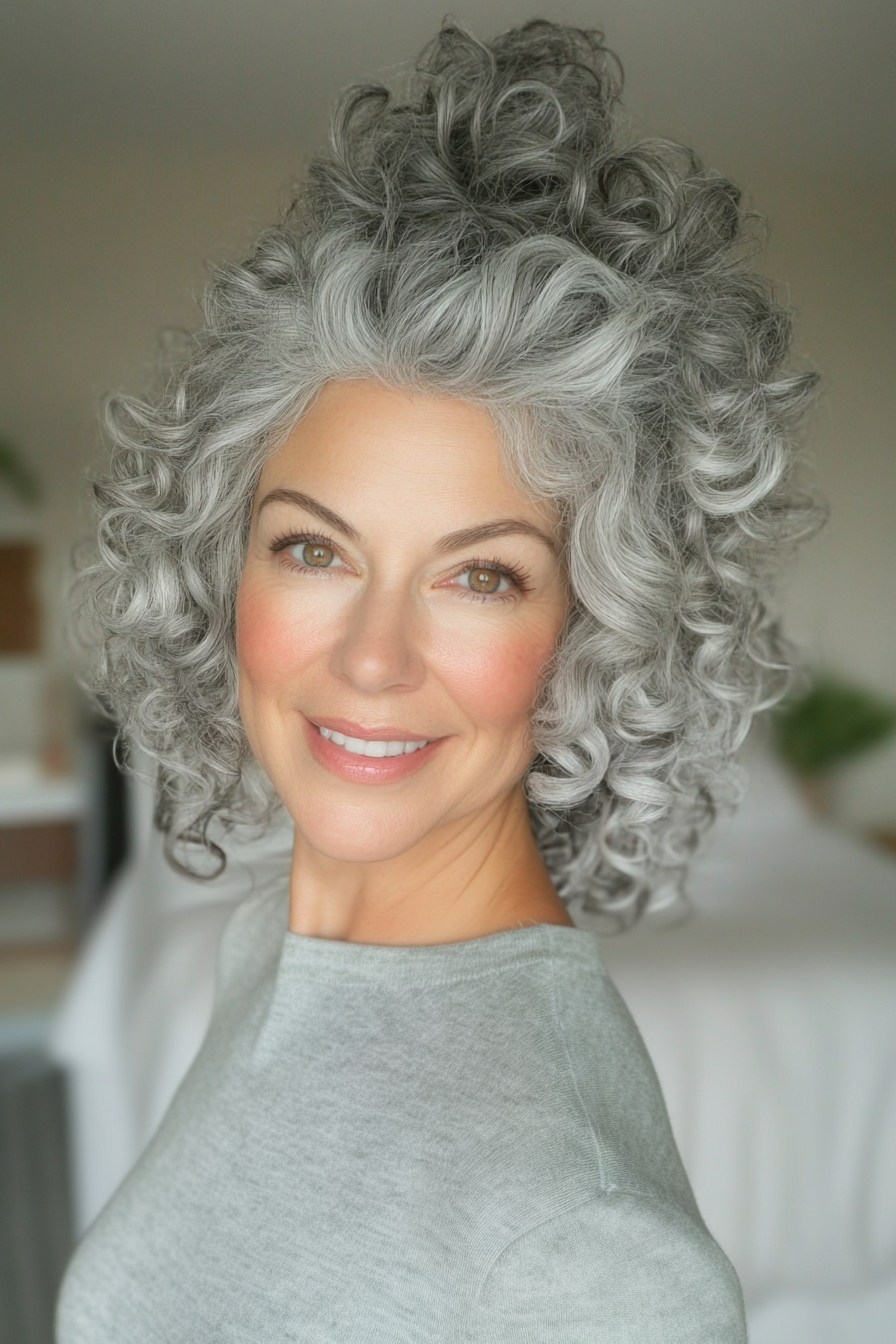 24. Voluminous Curl Updo in Natural Gray (Updo Hairstyles For Women Over 50) - Updo Hairstyles For Women Over 50