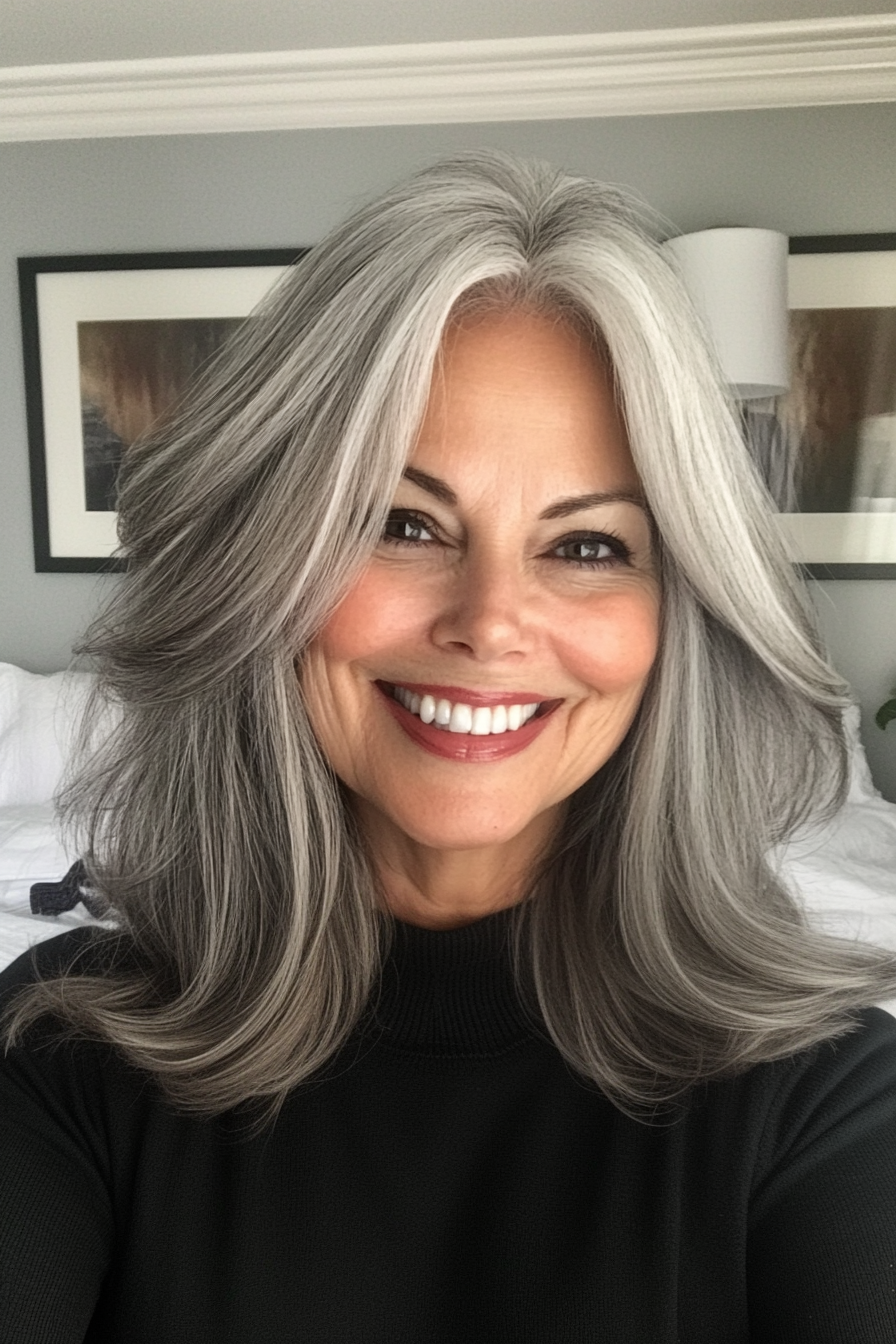 5. Salt and Pepper Layered Lob (Wedding Hairstyles For Older Women) - Wedding Hairstyles For Older Women