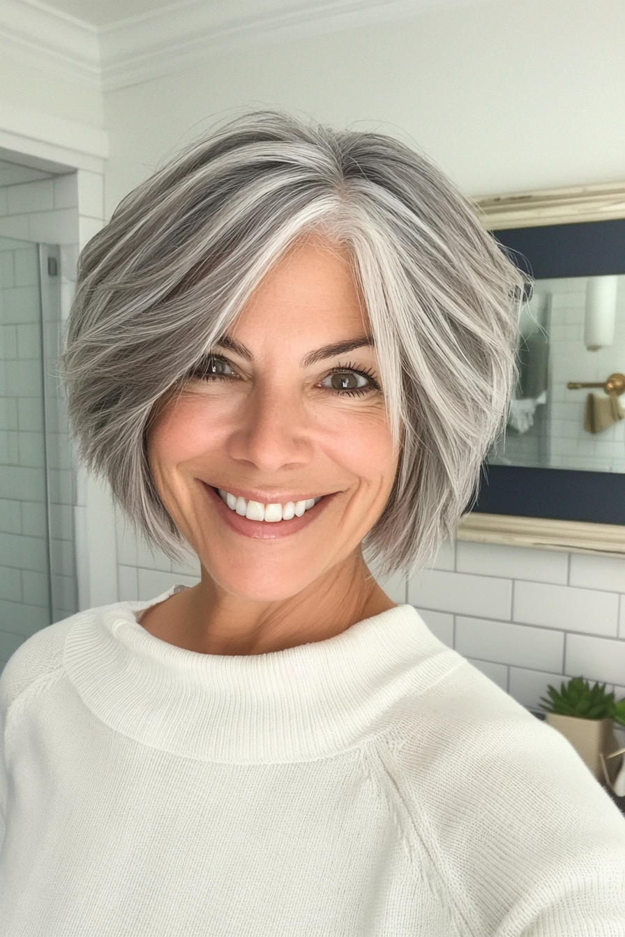 10. Natural Gray Layered Bixie (Wedding Hairstyles For Older Women) - Wedding Hairstyles For Older Women
