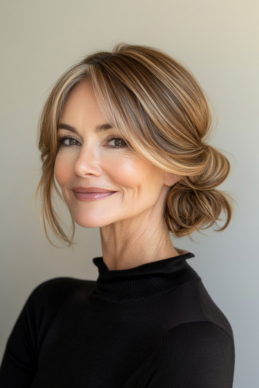 11. Golden Brown Low Knot with Swoop Bangs (Wedding Hairstyles For Older Women) - Wedding Hairstyles For Older Women