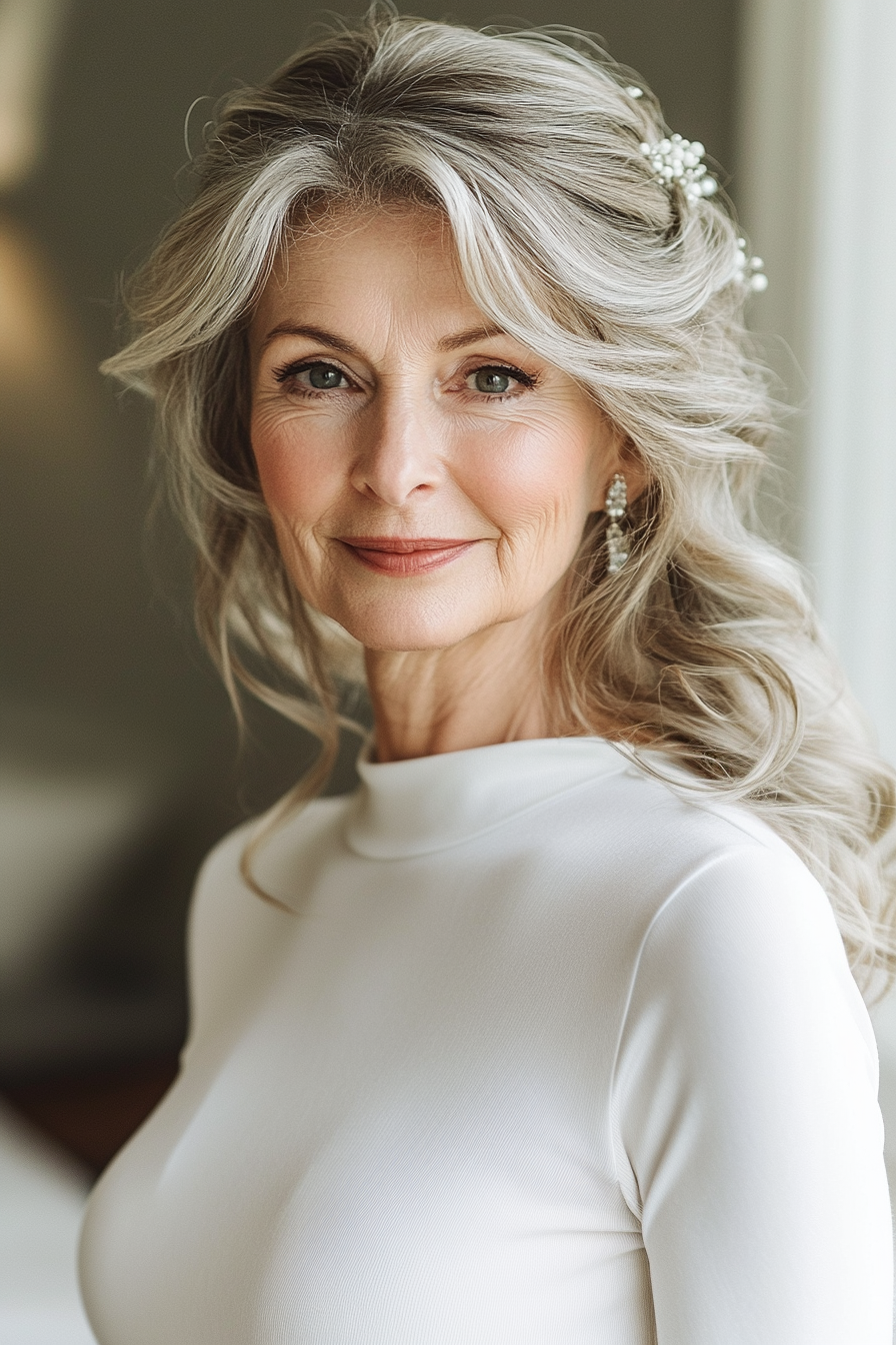 12. Pewter Soft Waves with Barrettes (Wedding Hairstyles For Older Women) - Wedding Hairstyles For Older Women