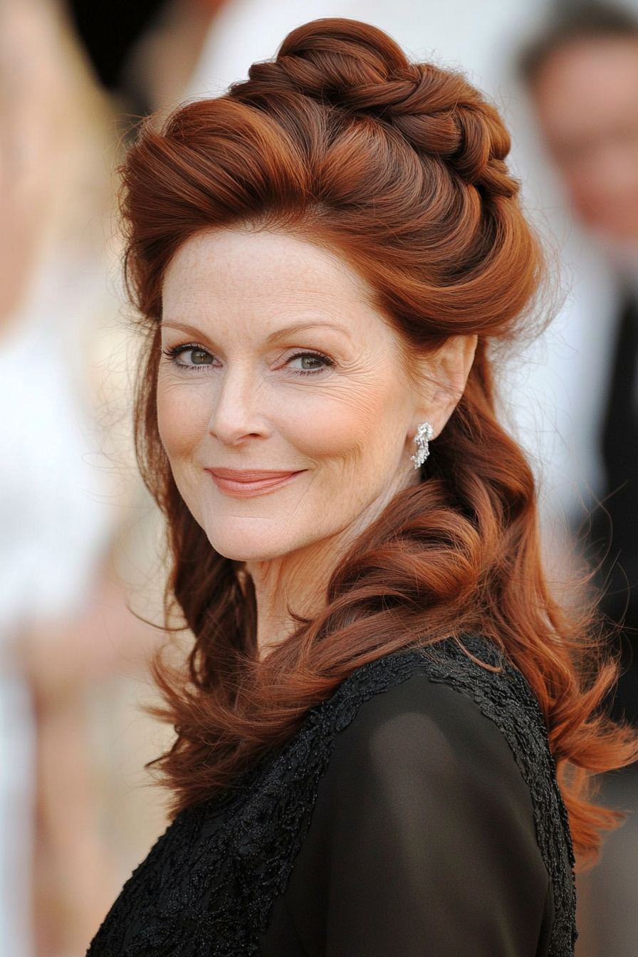 13. Dark Auburn Twisted Half-Up Style (Wedding Hairstyles For Older Women) - Wedding Hairstyles For Older Women