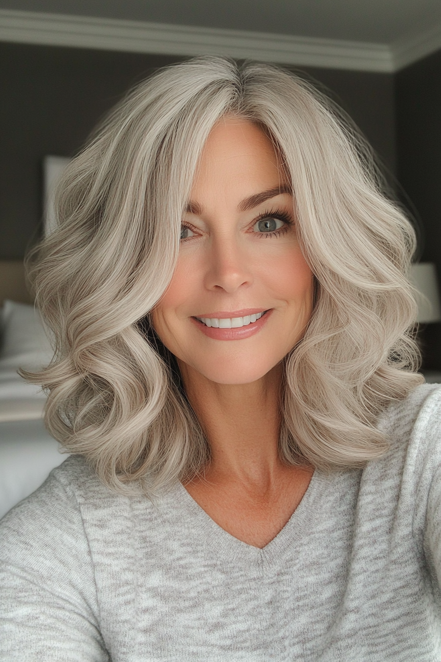 14. Medium Ash Blonde Curled Lob (Wedding Hairstyles For Older Women) - Wedding Hairstyles For Older Women