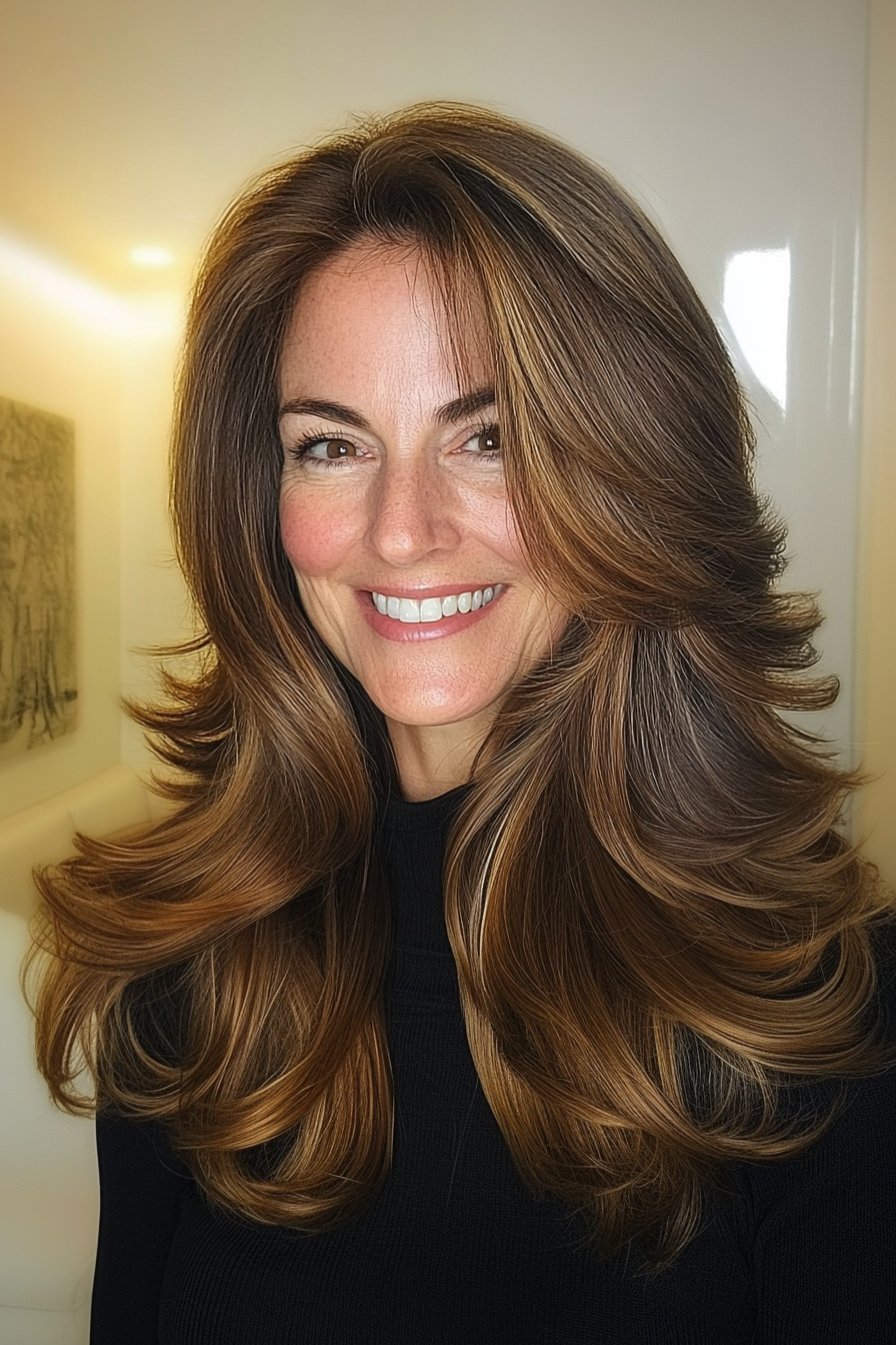 17. Warm Brunette Layered Blowout (Wedding Hairstyles For Older Women) - Wedding Hairstyles For Older Women