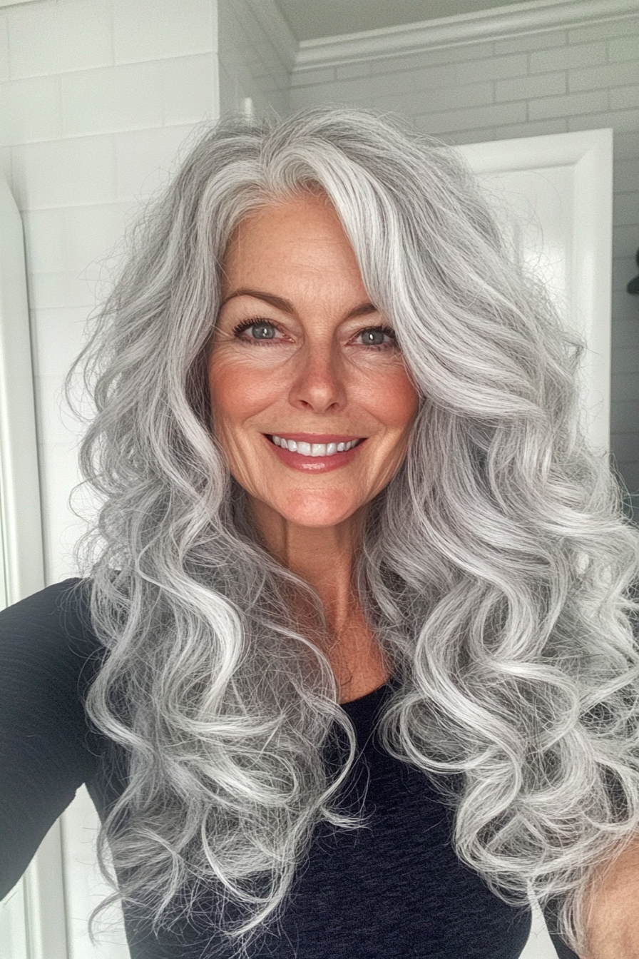 21. Neutral Gray Cascading Curls (Wedding Hairstyles For Older Women) - Wedding Hairstyles For Older Women