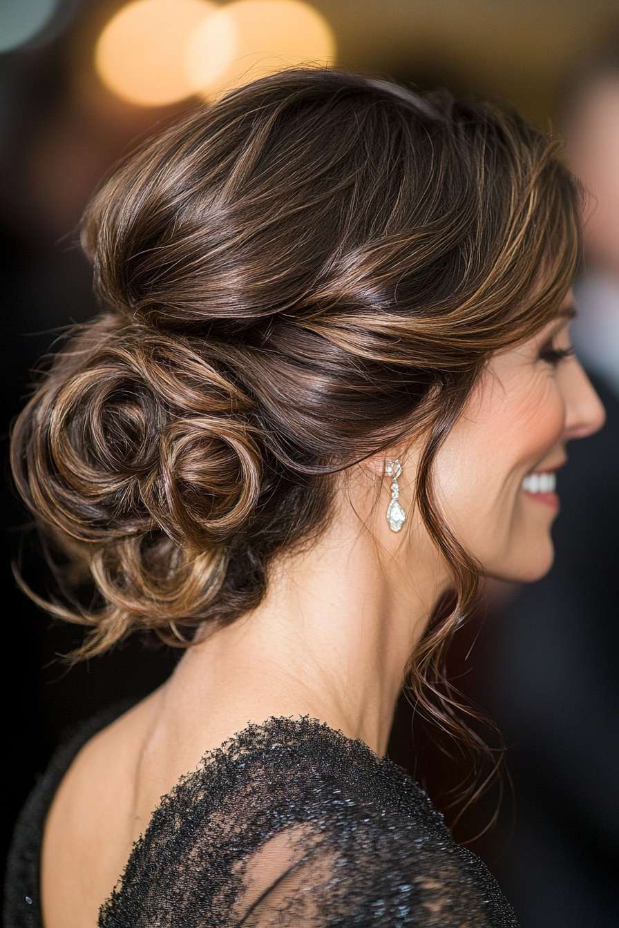 24. Espresso Brown Tousled Side Bun (Wedding Hairstyles For Older Women) - Wedding Hairstyles For Older Women