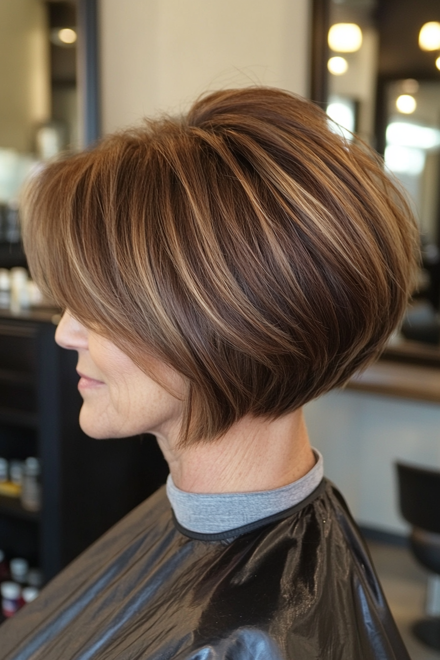 6. Stacked Bob in Light Caramel Brown (Youthful Bob Haircuts For Older Women) - Youthful Bob Haircuts For Older Women