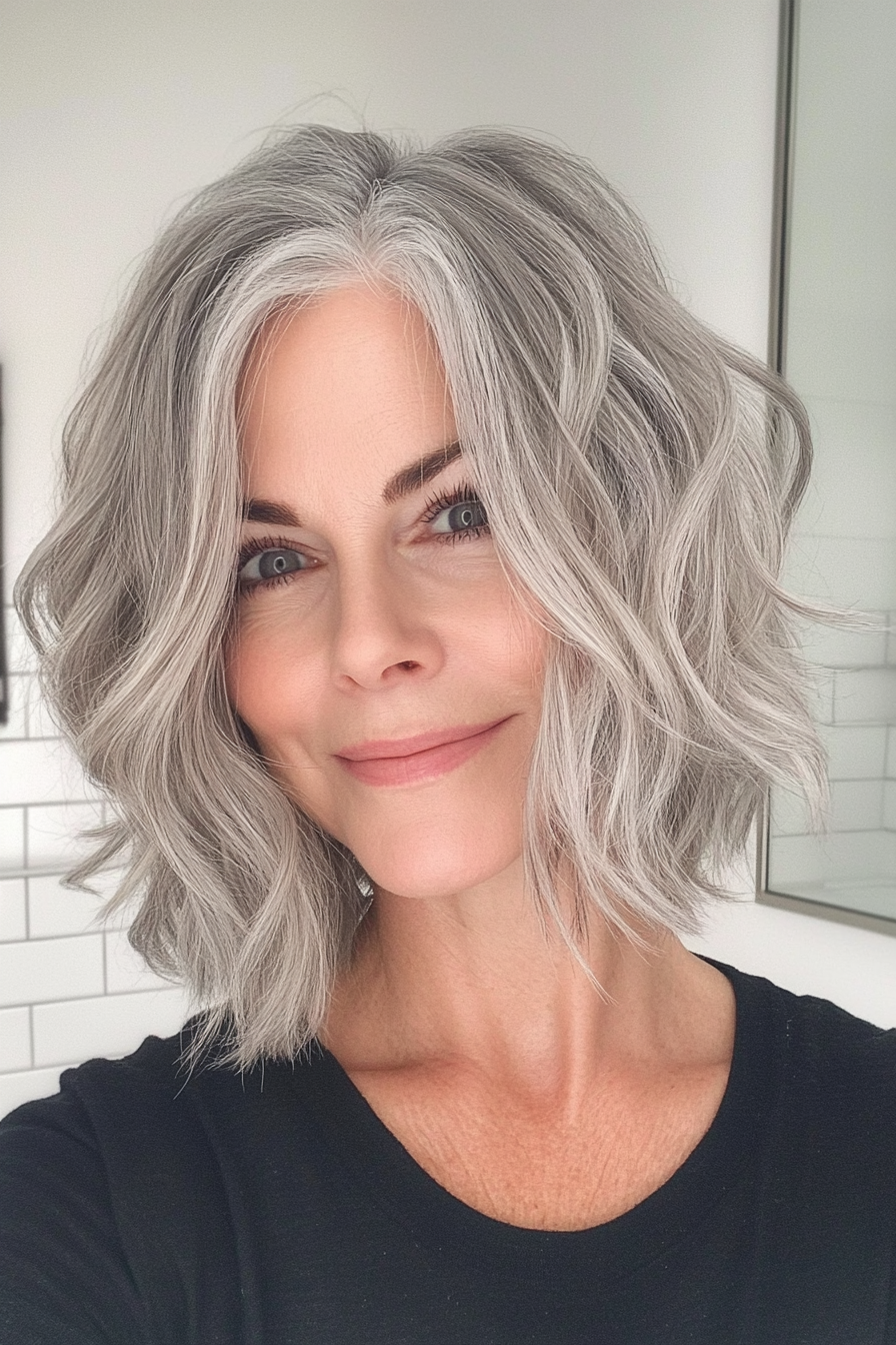 11. Chin-Length Wavy Bob in Natural Gray (Youthful Bob Haircuts For Older Women) - Youthful Bob Haircuts For Older Women