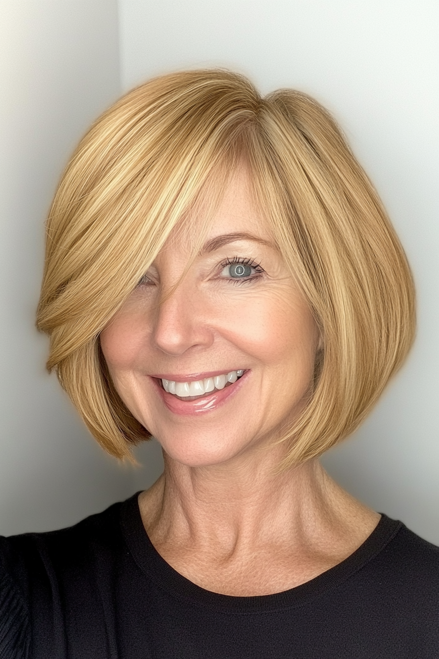 14. Side-Swept Bob in Golden Blonde (Youthful Bob Haircuts For Older Women) - Youthful Bob Haircuts For Older Women