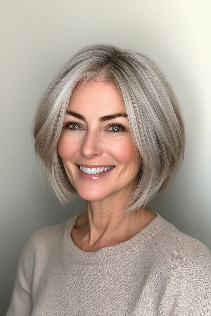 16. Short Bob with Silvery Blonde Highlights (Youthful Bob Haircuts For Older Women) - Youthful Bob Haircuts For Older Women