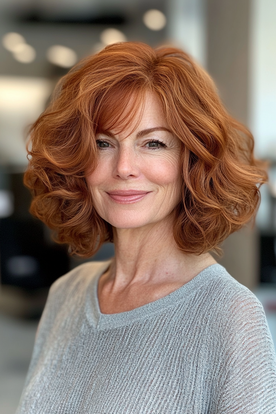 21. Soft Curly Bob in Light Copper Brown (Youthful Bob Haircuts For Older Women) - Youthful Bob Haircuts For Older Women