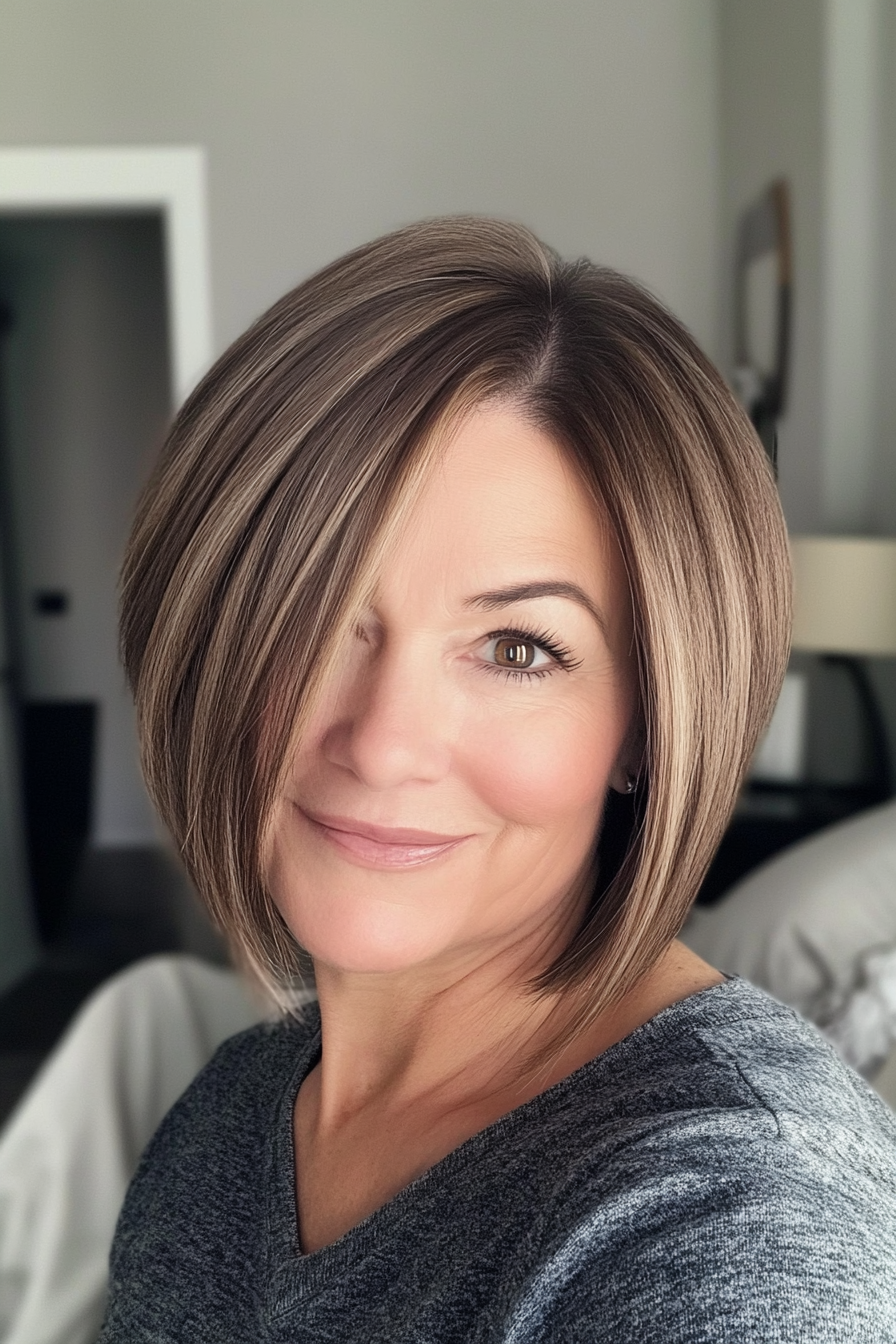 23. Asymmetrical Bob in Ash Brown Blend (Youthful Bob Haircuts For Older Women) - Youthful Bob Haircuts For Older Women
