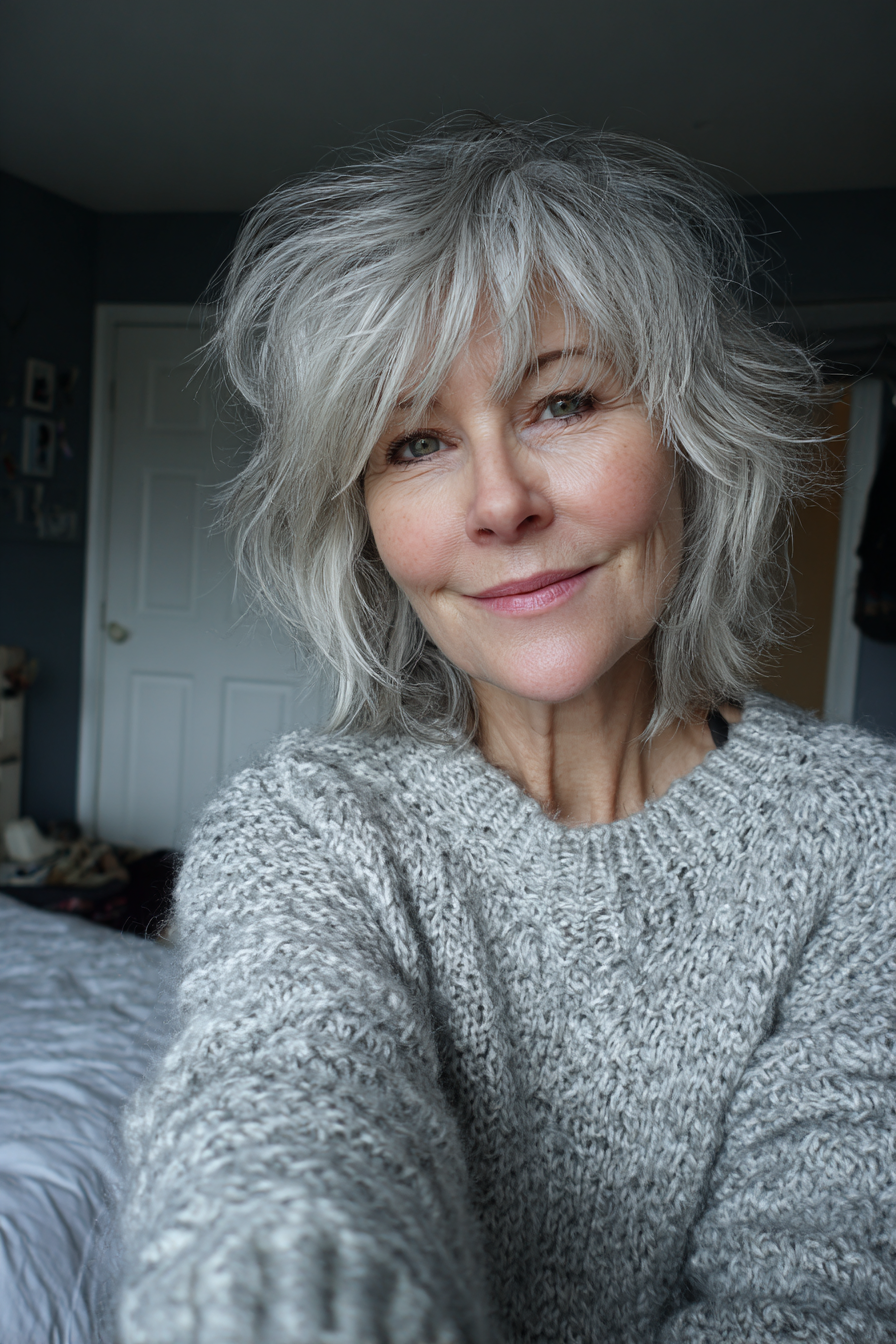 1. Silver Feathered Shag (Short Shaggy Hairstyles For Women Over 60) - Short Shaggy Hairstyles For Women Over 60