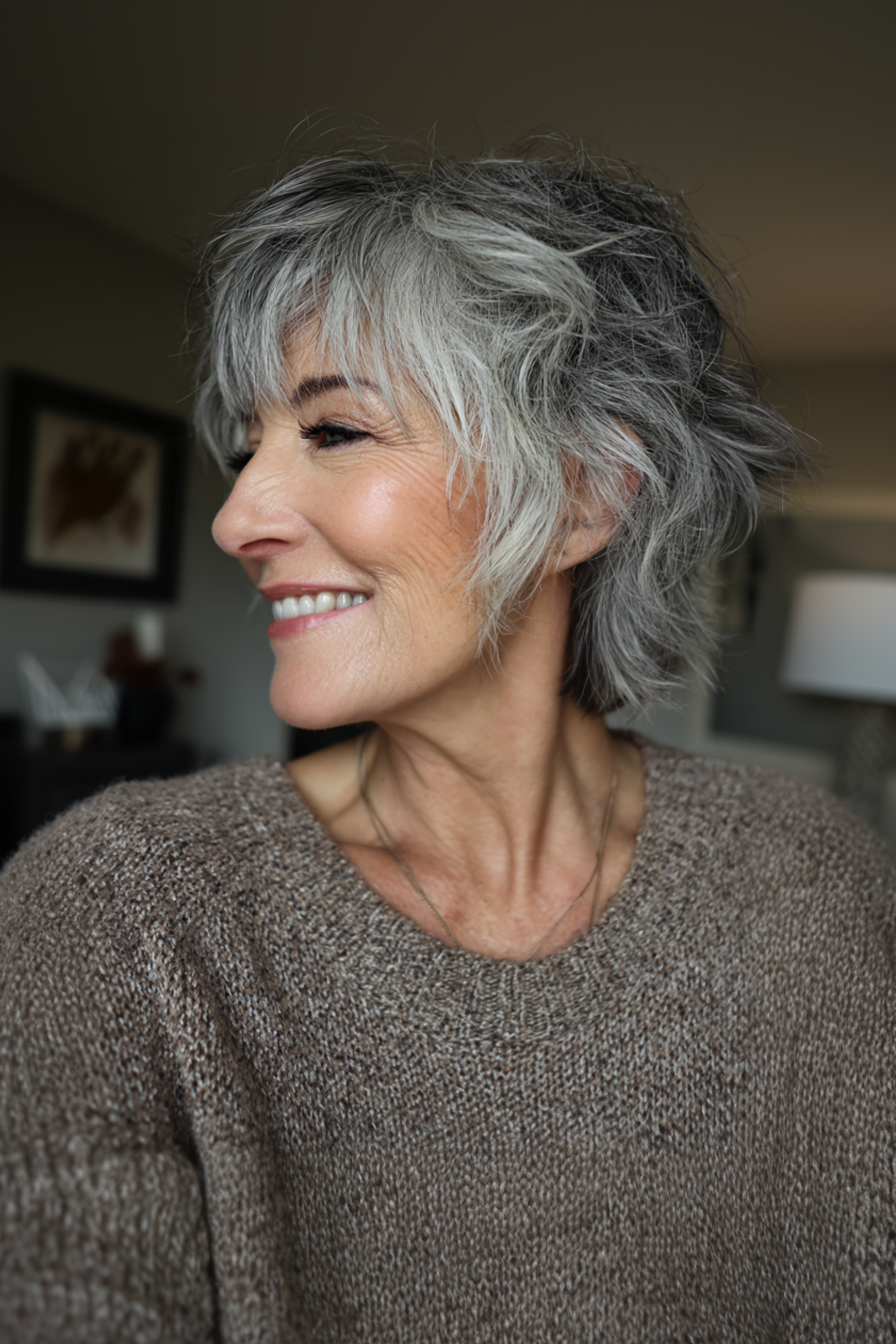 6. Salt-and-Pepper Shag Crop (Short Shaggy Hairstyles For Women Over 60) - Short Shaggy Hairstyles For Women Over 60