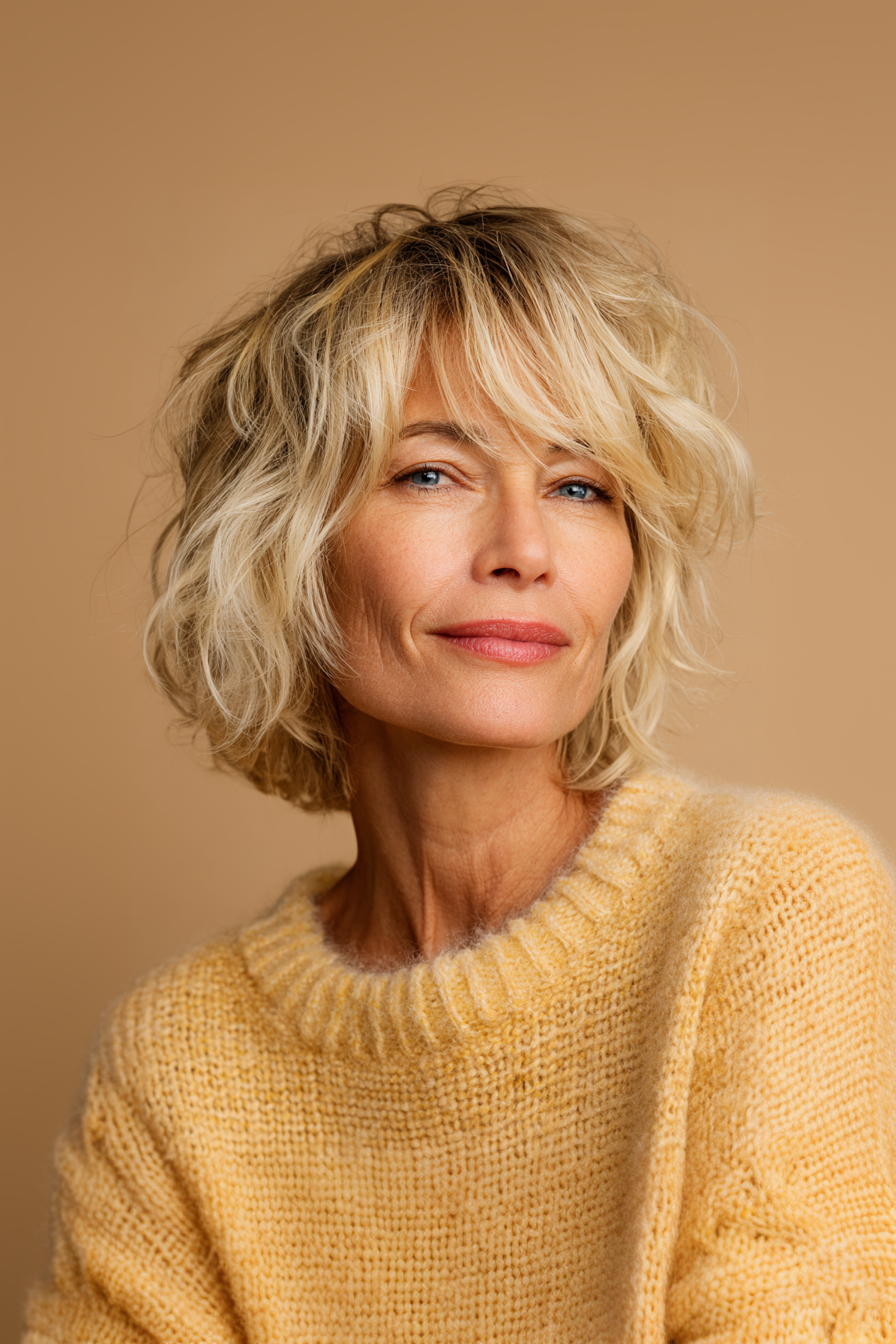 25. Sunlit Golden Shag Bob (Short Shaggy Hairstyles For Women Over 60) - Short Shaggy Hairstyles For Women Over 60