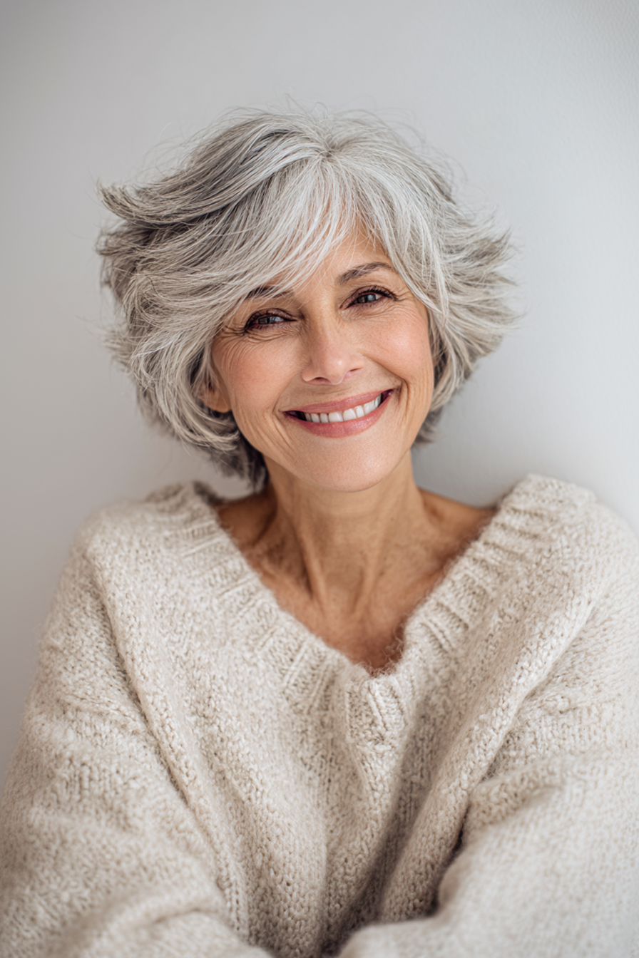 27. Pearly Gray Feathered Shag (Short Shaggy Hairstyles For Women Over 60) - Short Shaggy Hairstyles For Women Over 60