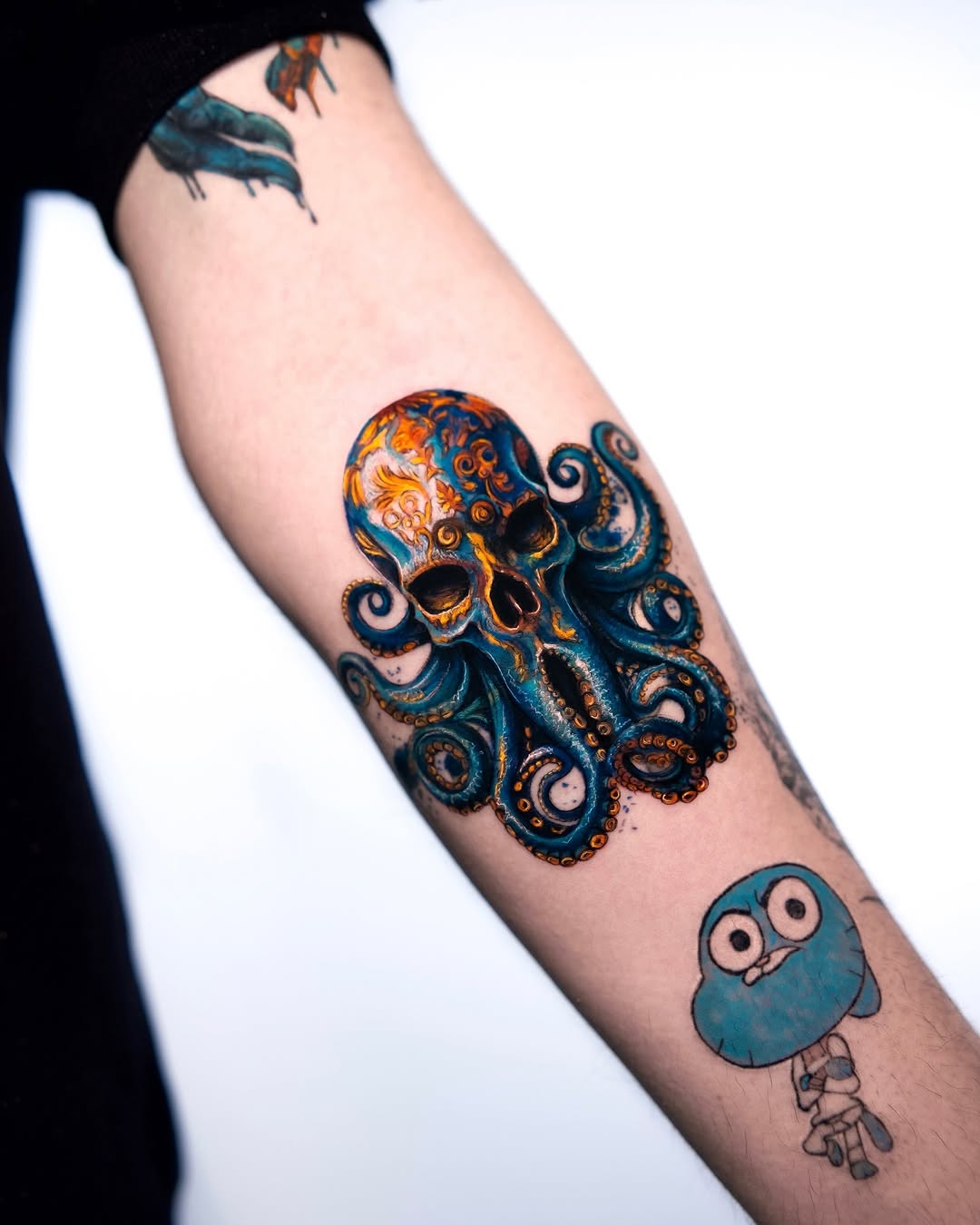 Intricate octopus skull tattoo showcasing vibrant designs