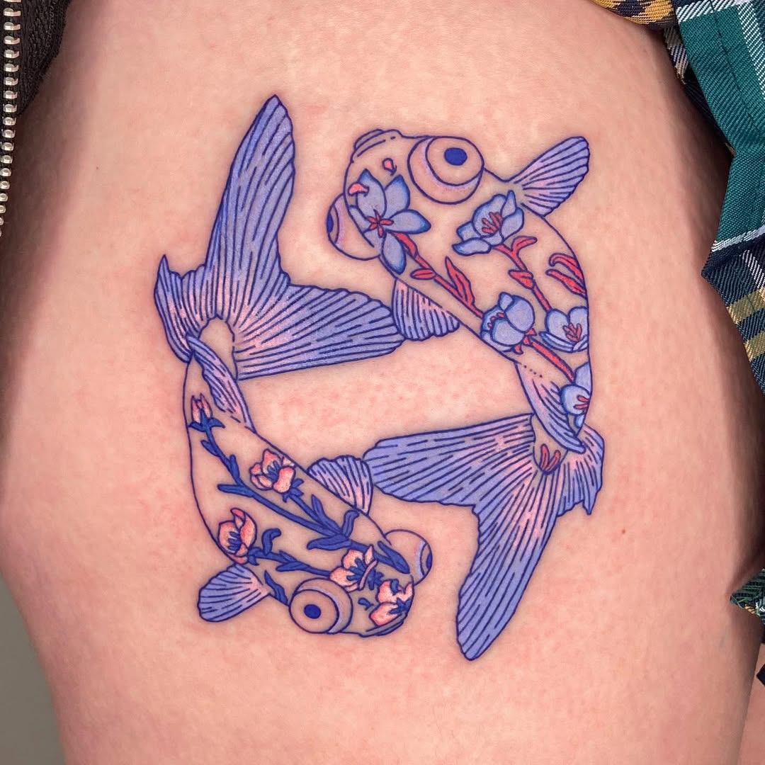Colorful Pisces Tattoo with Floral Patterns