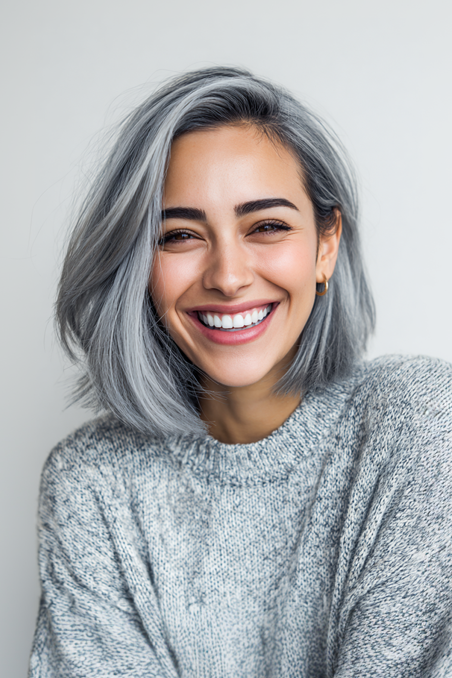 10. Angled Bob with Silver Balayage (Youthful Hairstyles) - Youthful Hairstyles