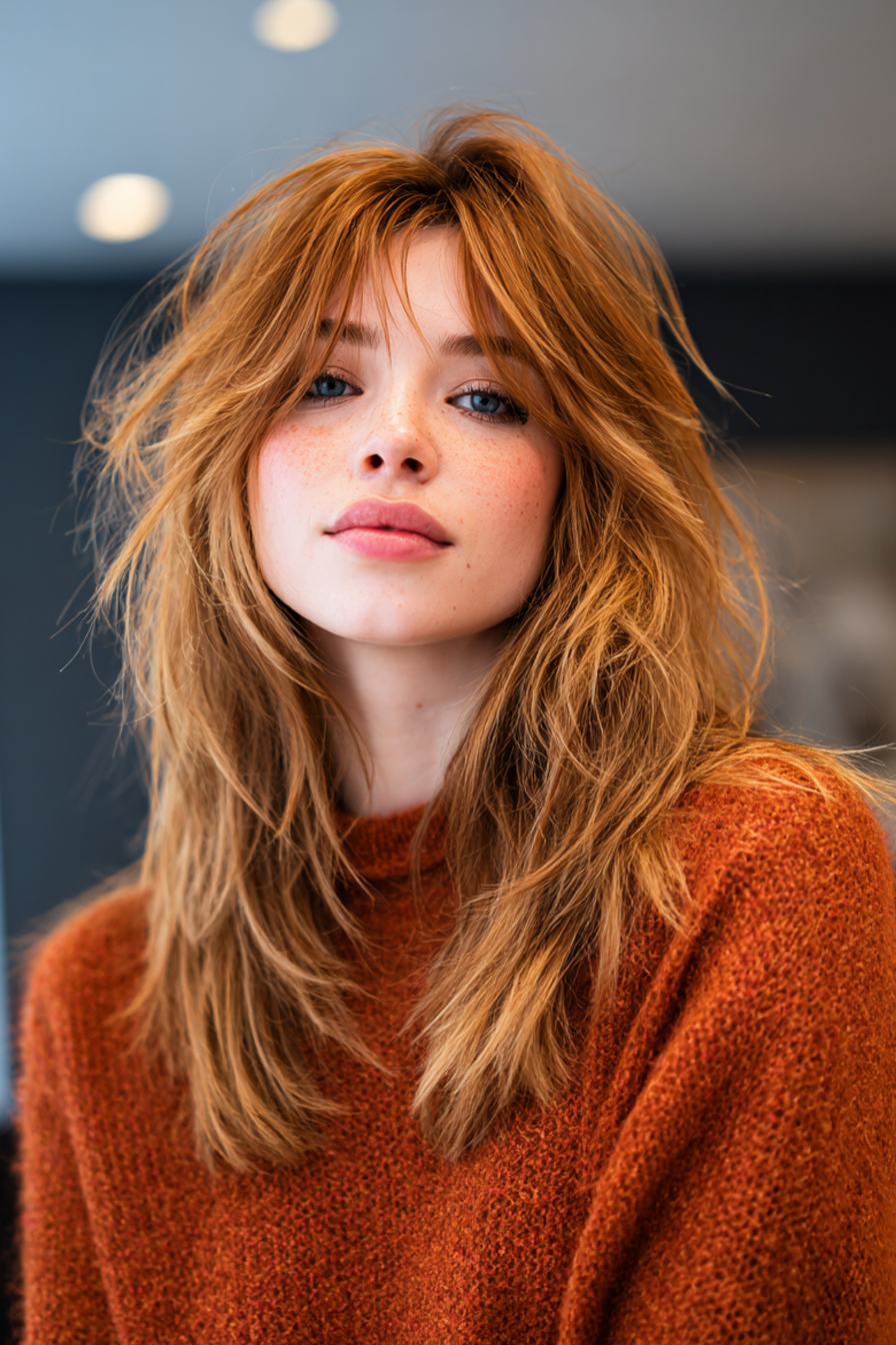 16. Long Shaggy Layers with Cinnamon Lights (Youthful Hairstyles) - Youthful Hairstyles