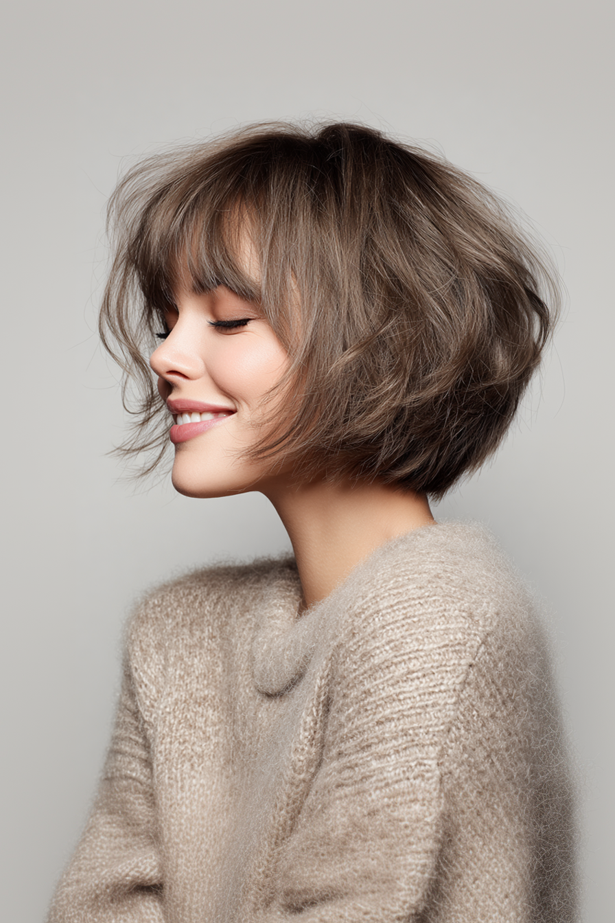 2. Classic Bob with Wispy Bangs in Ash Brown (Haircuts For Women Over 40 With Bangs) - Haircuts For Women Over 40 With Bangs