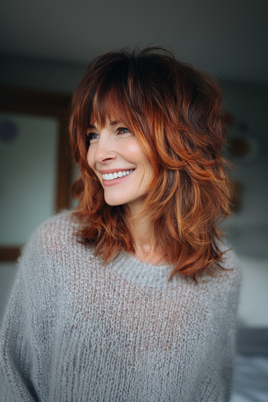 3. Shag Cut with Curtain Bangs in Copper Highlights (Haircuts For Women Over 40 With Bangs) - Haircuts For Women Over 40 With Bangs