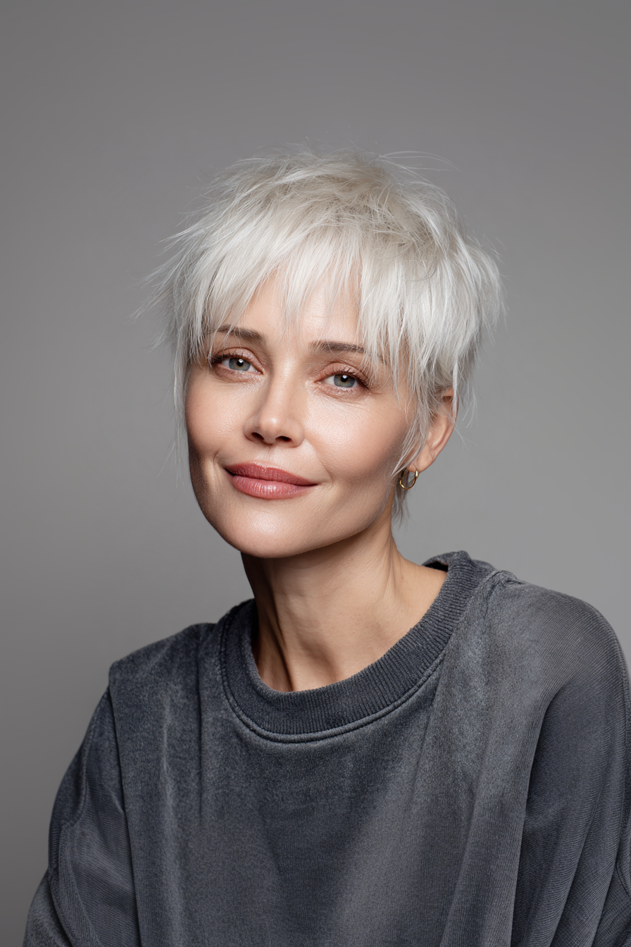 5. Choppy Pixie with Side Bangs in Platinum Blonde (Haircuts For Women Over 40 With Bangs) - Haircuts For Women Over 40 With Bangs