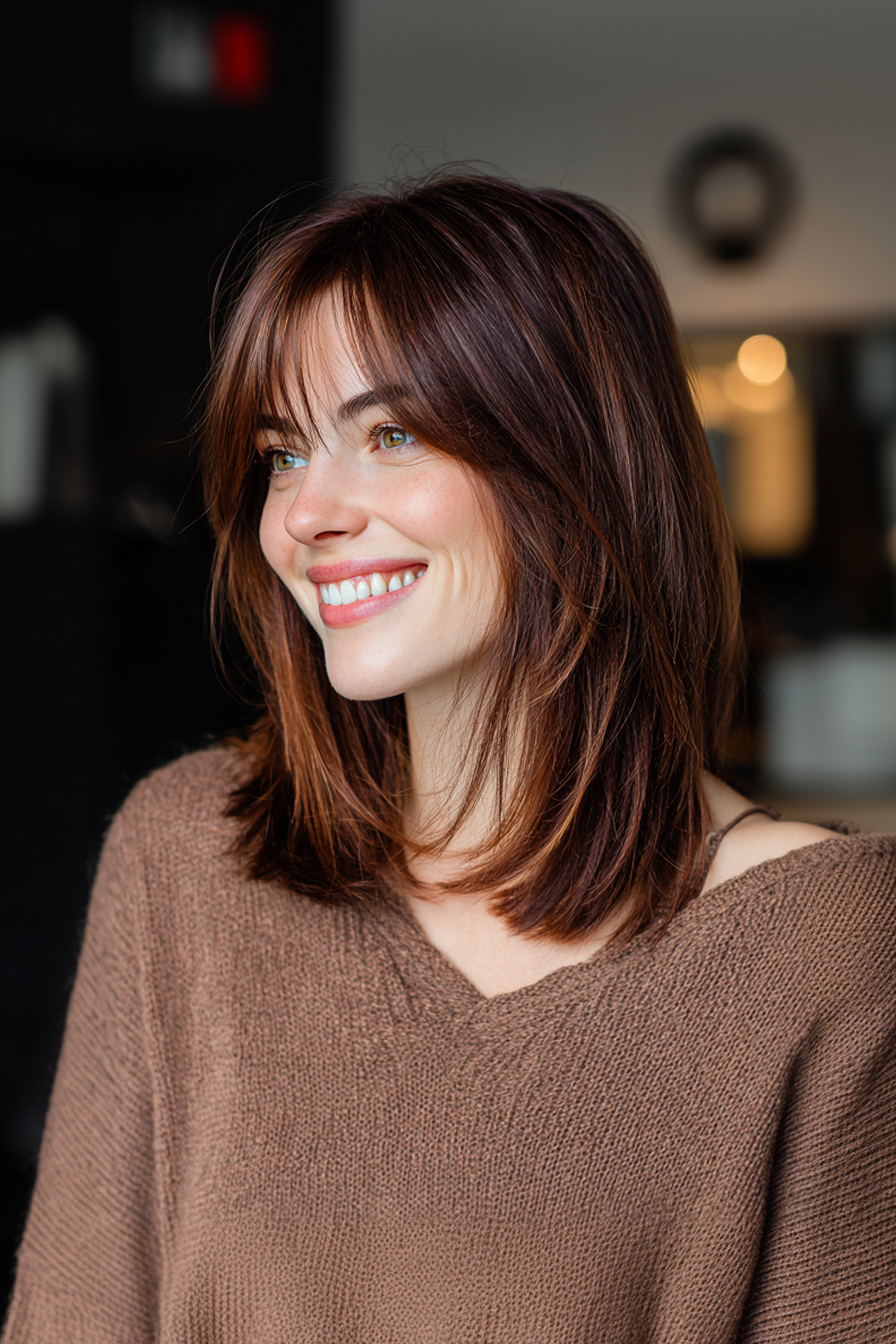 9. Medium Cut with Side Bangs in Chocolate Brown with Mahogany Tones (Haircuts For Women Over 40 With Bangs) - Haircuts For Women Over 40 With Bangs