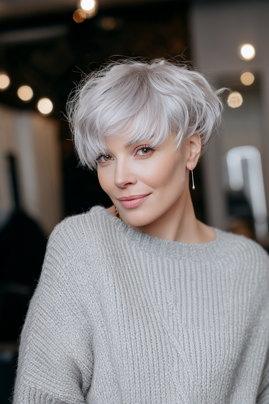10. Pixie Bob with Baby Bangs in Silver Blonde (Haircuts For Women Over 40 With Bangs) - Haircuts For Women Over 40 With Bangs